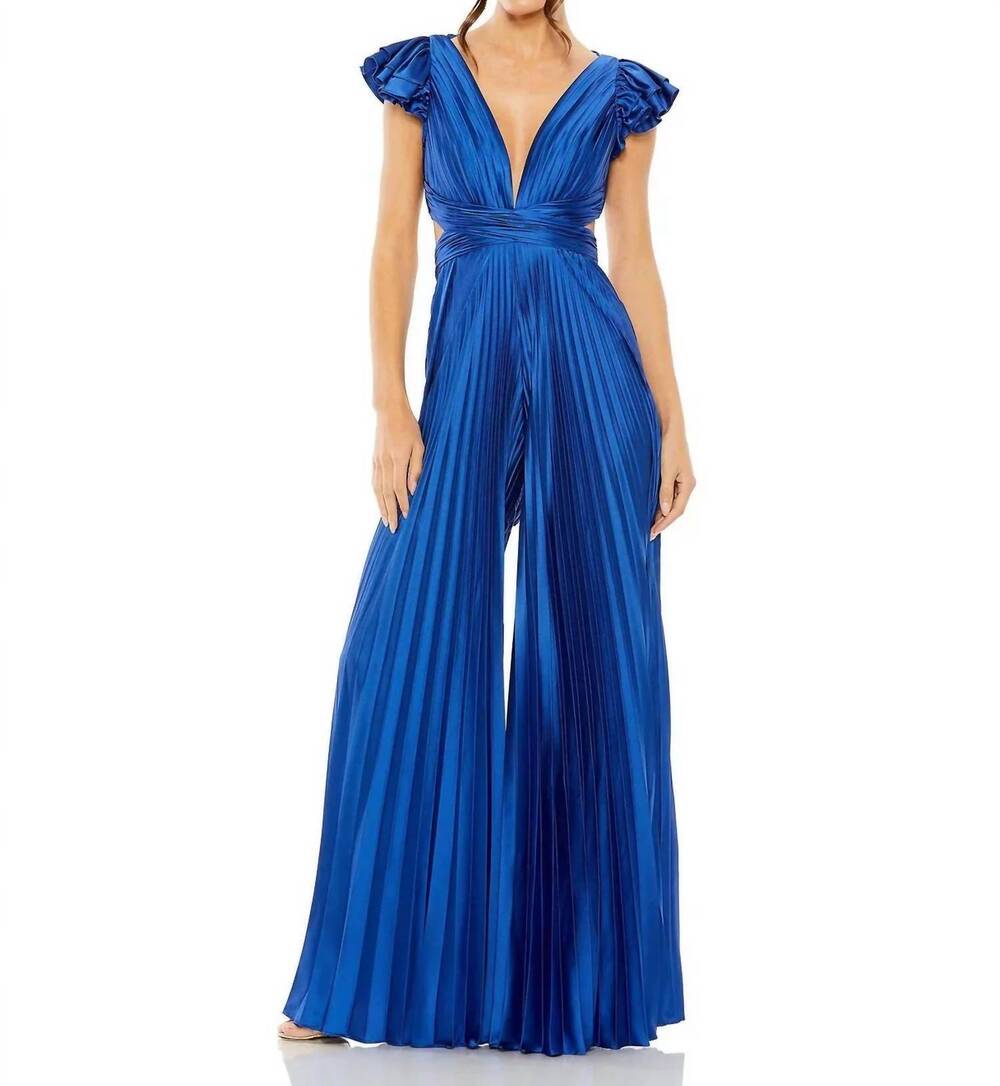 NEW MAC DUGGAL satin pleated jumpsuit in cobalt